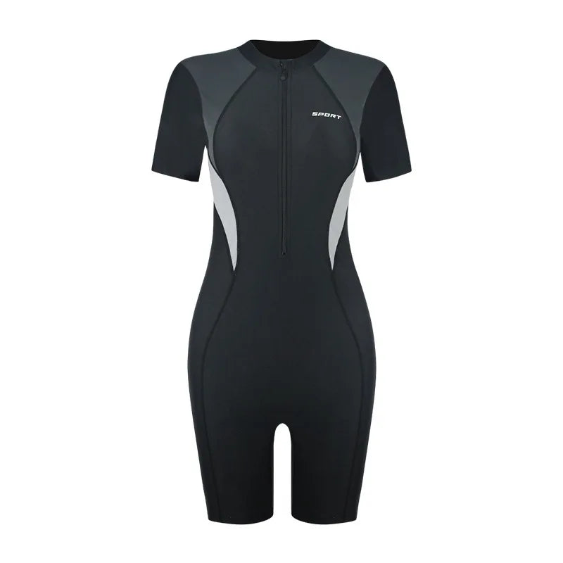 Swimsuit Women's Five Point Flat Leg Pants Conservative One-piece Slim Fit Sports Short Sleeved Hot Spring Swimsuit