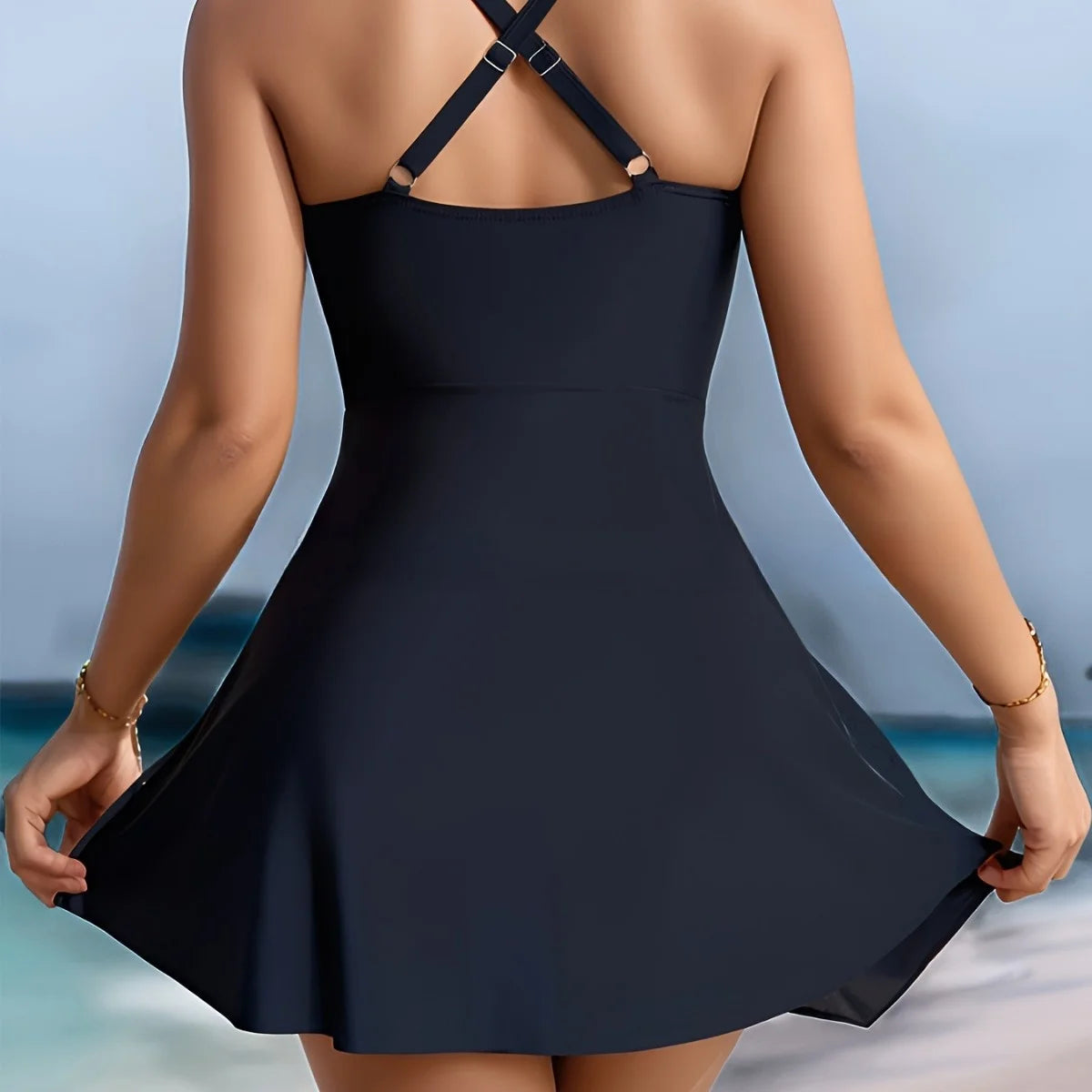 Pure Color One-Piece Cross-Back Sleeveless Waist-Cinched Dress Women's Swimsuit High Elasticity Polyester Fabric Swimsuit