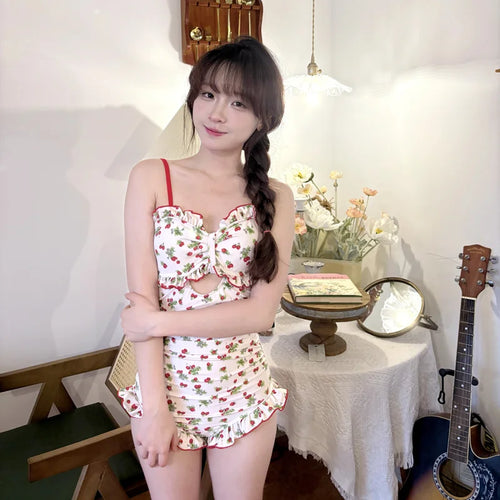 Cute Summer Girls Kawaii One-piece Swimsuit Sweet Strawberry Print Y2k Swimwear Backless Bowknot Swimming Suit for Women